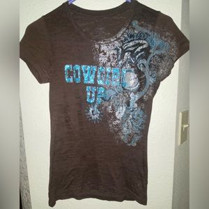Cowgirl Up Bling Brown Short Sleeved Tee, Size Small